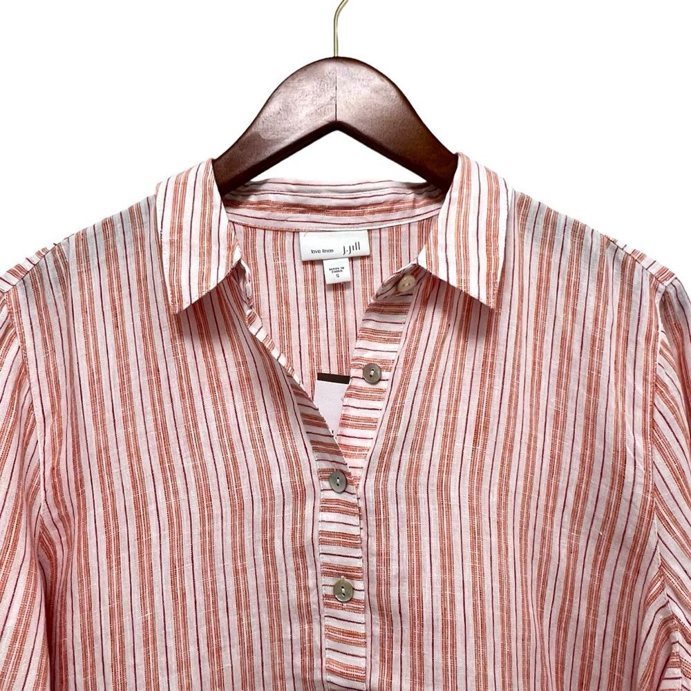 J. Jill Linen Tunic Shirt Stripes Relaxed Half Button Front Tangerine Size S NEW